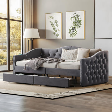 Twin Size Daybed with Storage Drawers, Upholstered Daybed, Grey