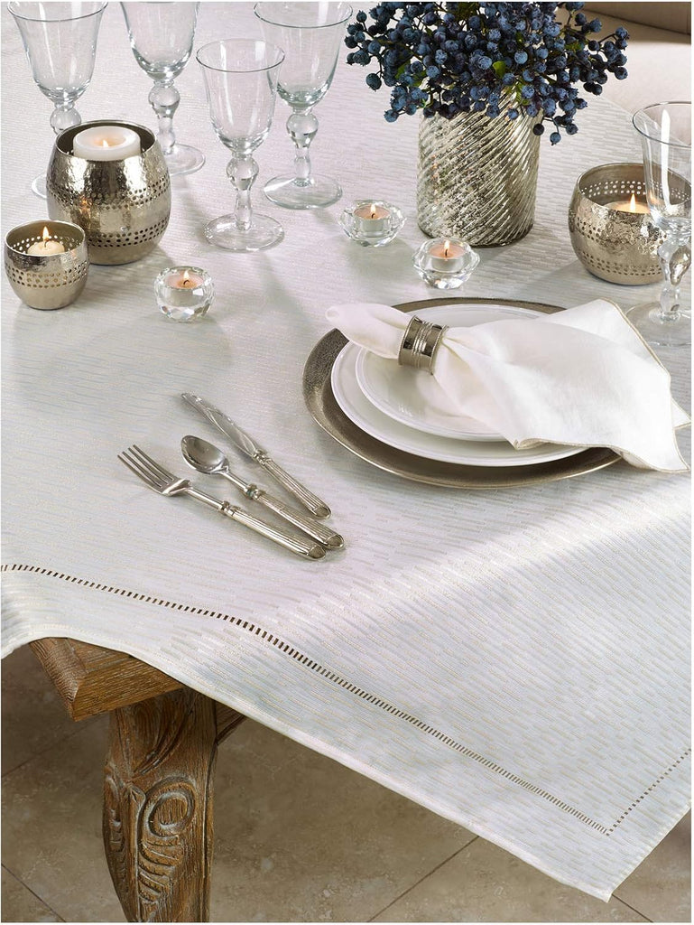 Ivory White Hemstitched Design Holiday Special Occasion Dinner Tablecloth, 65" X 84" Rectangular, 10