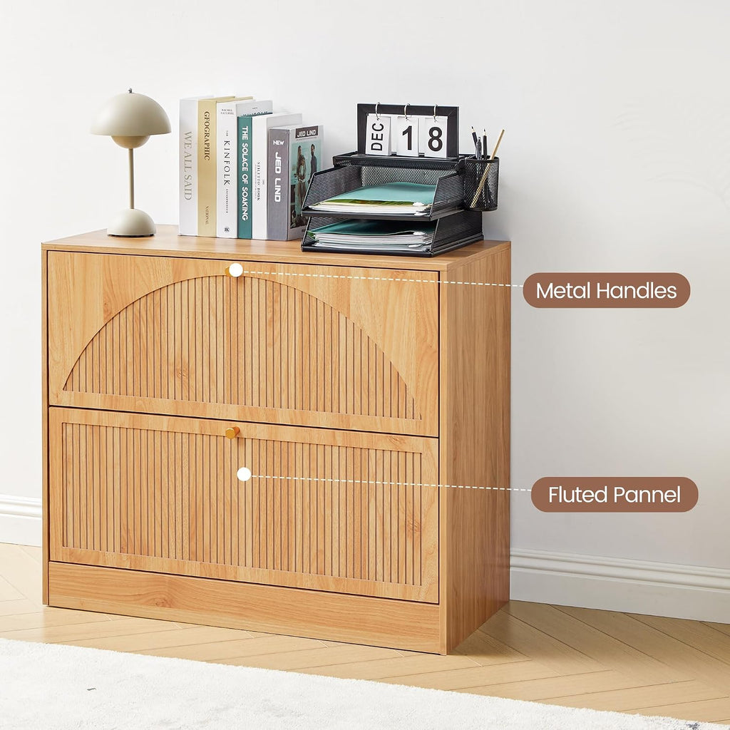 Fluted 2 Drawer Office Lateral File Cabinet | Mid-Century Modern, Hanging Rod, A4/Legal/Letter, Ultra-deep Drawers