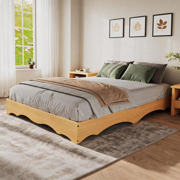 Wood Platform Bed Frame with Wave Edge, Low Profile Bed Frame