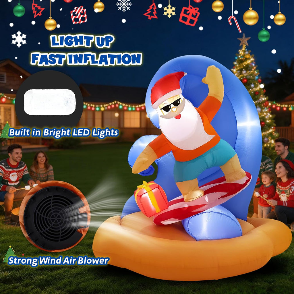 Christmas Inflatables Outdoor Santa Claus Surfing, 6FT Inflatable Santa Bulit in Led Lights, Blow up Xmas Yard