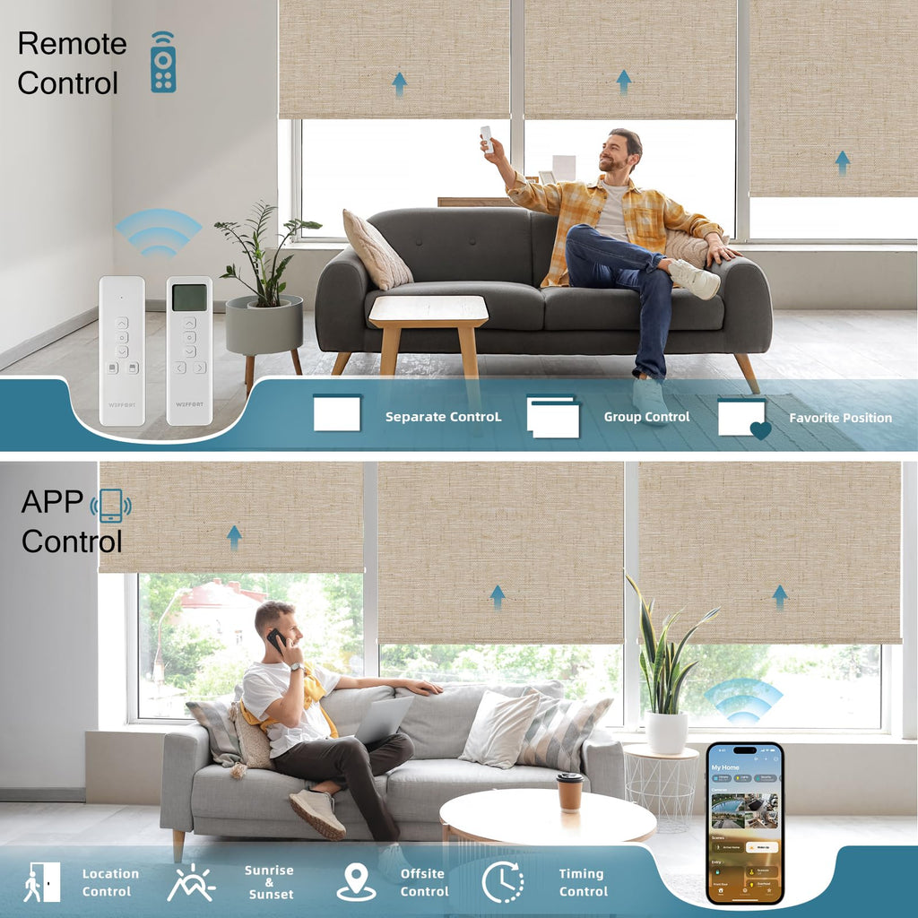 Motorized Roller Shades, 100% Blackout, Linen Caramel
