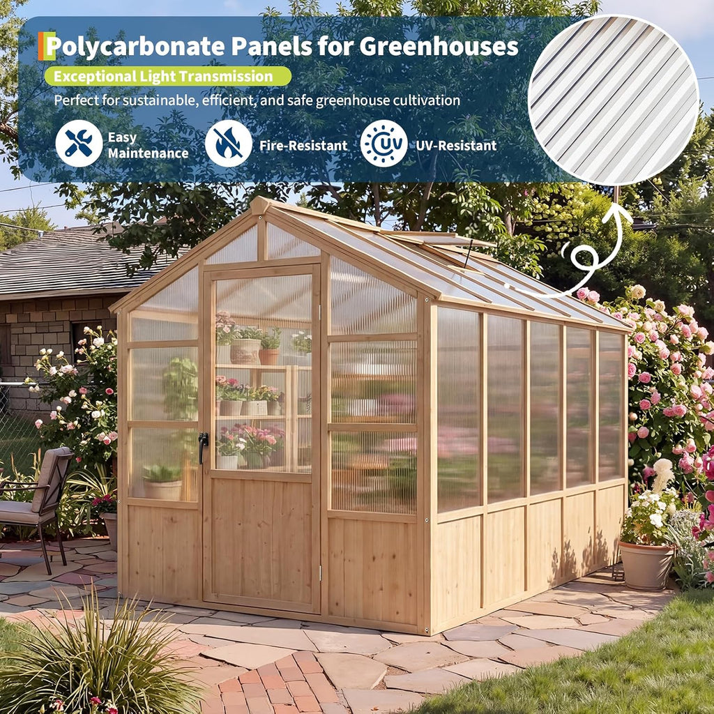 6'x10' Wooden Greenhouse for Outdoor, Large Walk-in Greenhouse Kit with Ventilated Window, Door & Polycarbonate