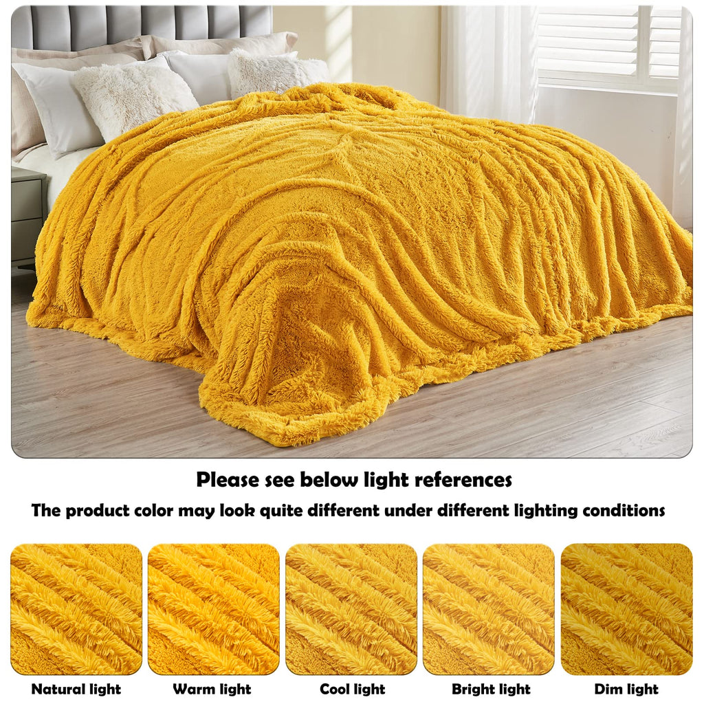 Fuzzy Faux Fur Queen Blanket for Couch, Mustard Yellow, 90"x90"