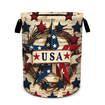4th of July Wooden Print Star Laundry Basket Foldable Laundry Hamper With Handles Clothes Storage Bucket Organizer