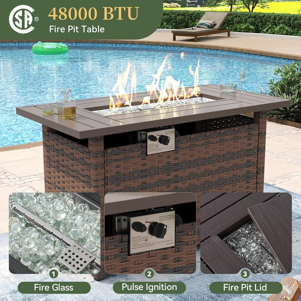 8 Piece Patio Furniture Set with 44" Fire Pit Table Wicker Rattan | Outdoor Sectional Sofa Set with Coffee Table and