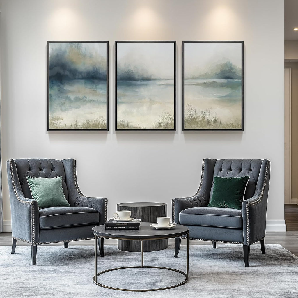 Large Framed Abstract Nature Landscape Wall Art , 3 Piece Blue Watercolor Canvas Prints Paintings Artwork for Walls