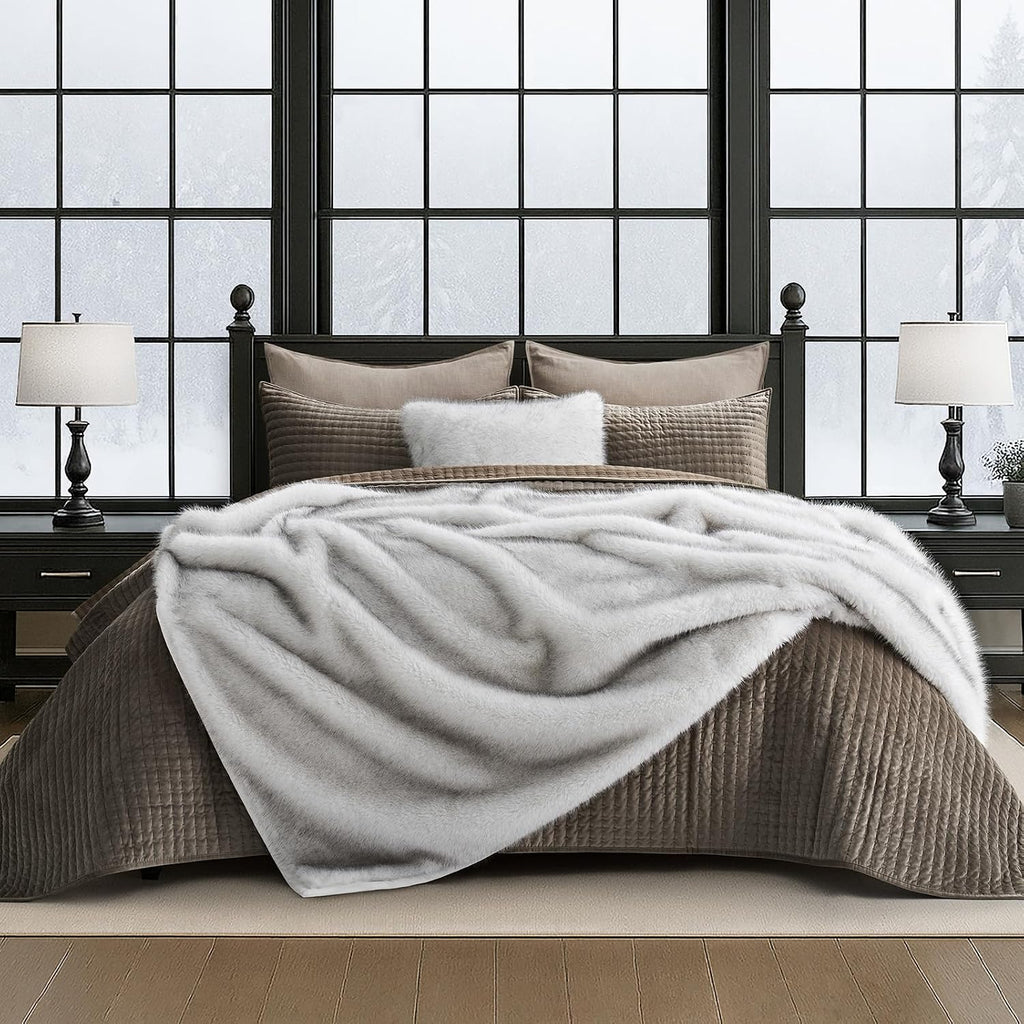 Luxury Faux Fur Throw Blanket, 60"x80", Frosted White Wolf | Fluffy Faux Mink Blanket, Soft Cozy Plush, Thick Warm