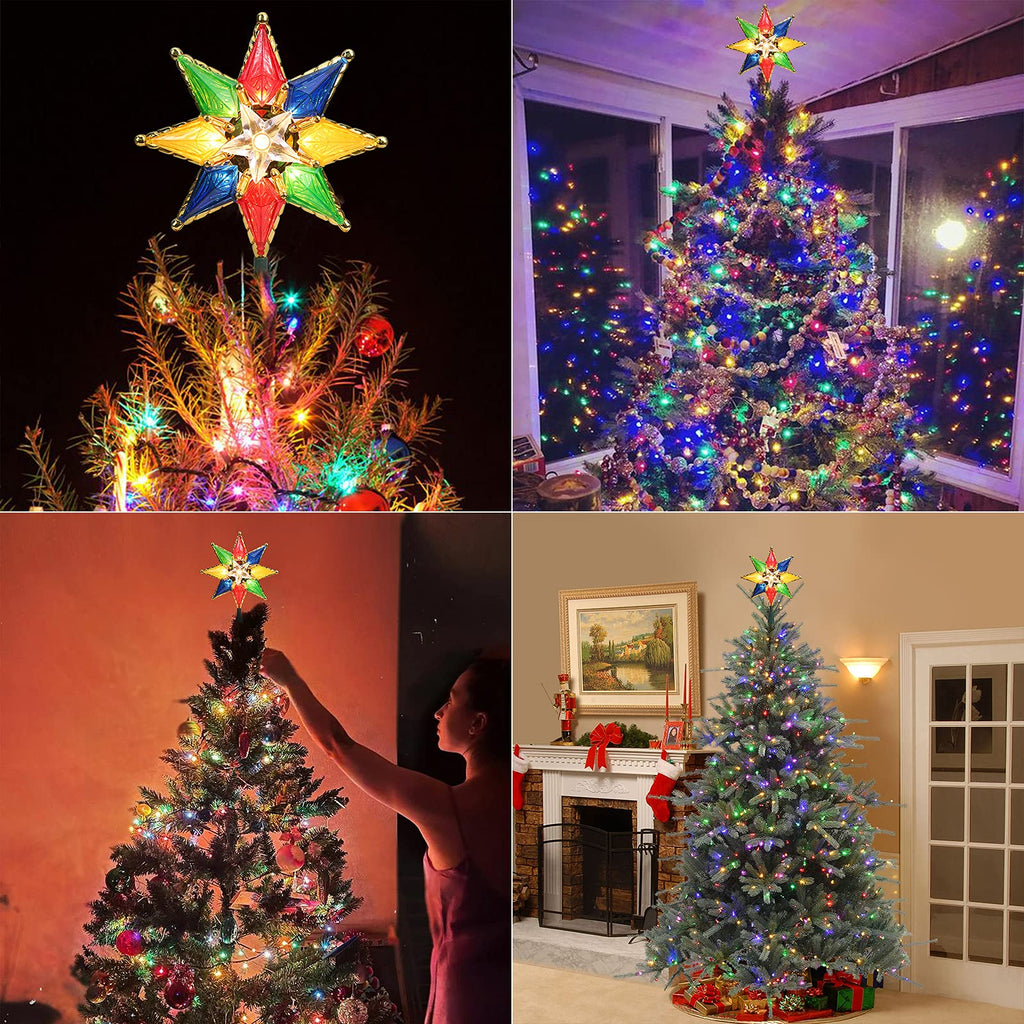Christmas Star Tree Topper, 8" Lighted Double-Sided Christmas Tree Topper, 8-Point Multi Color Xmas Tree Topper with