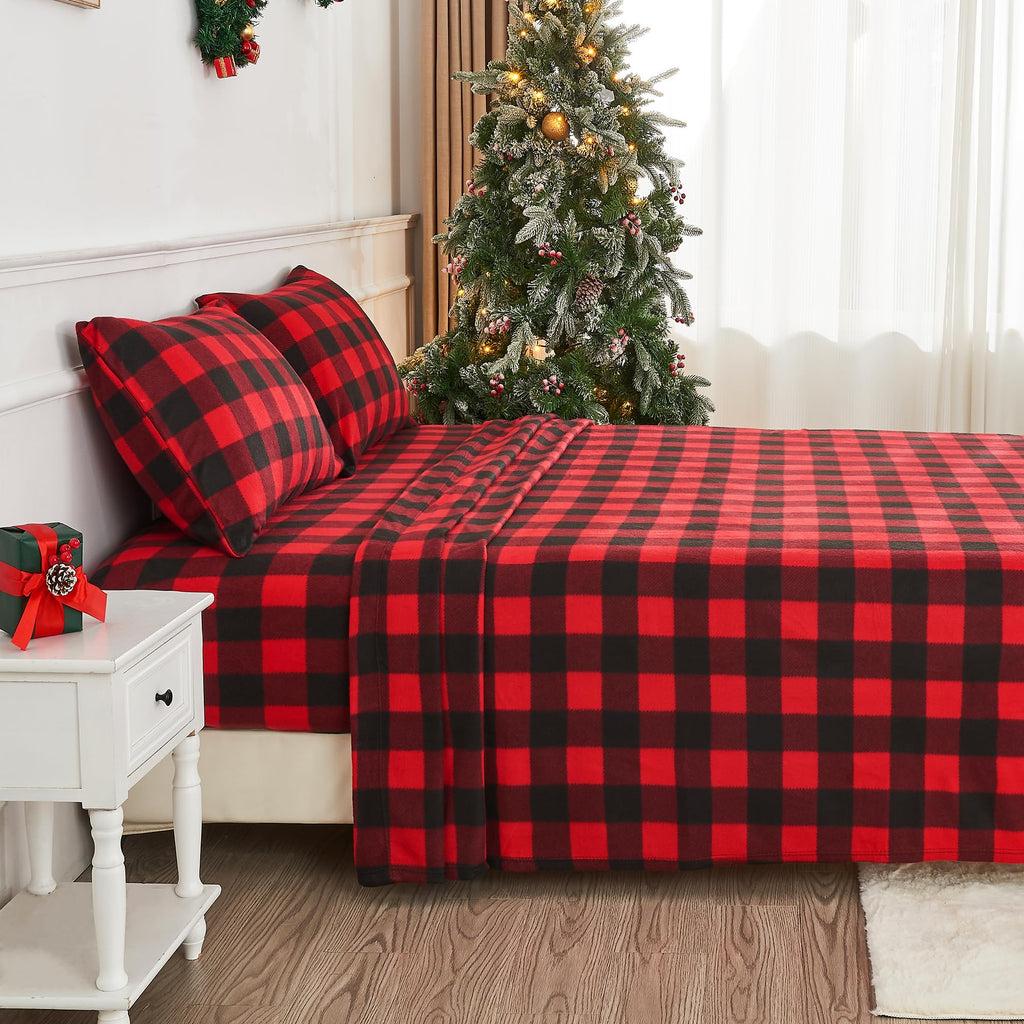 Fleece Sheet Set, Soft Plush Bed Sheets, 4-Piece, Red Buffalo Plaid