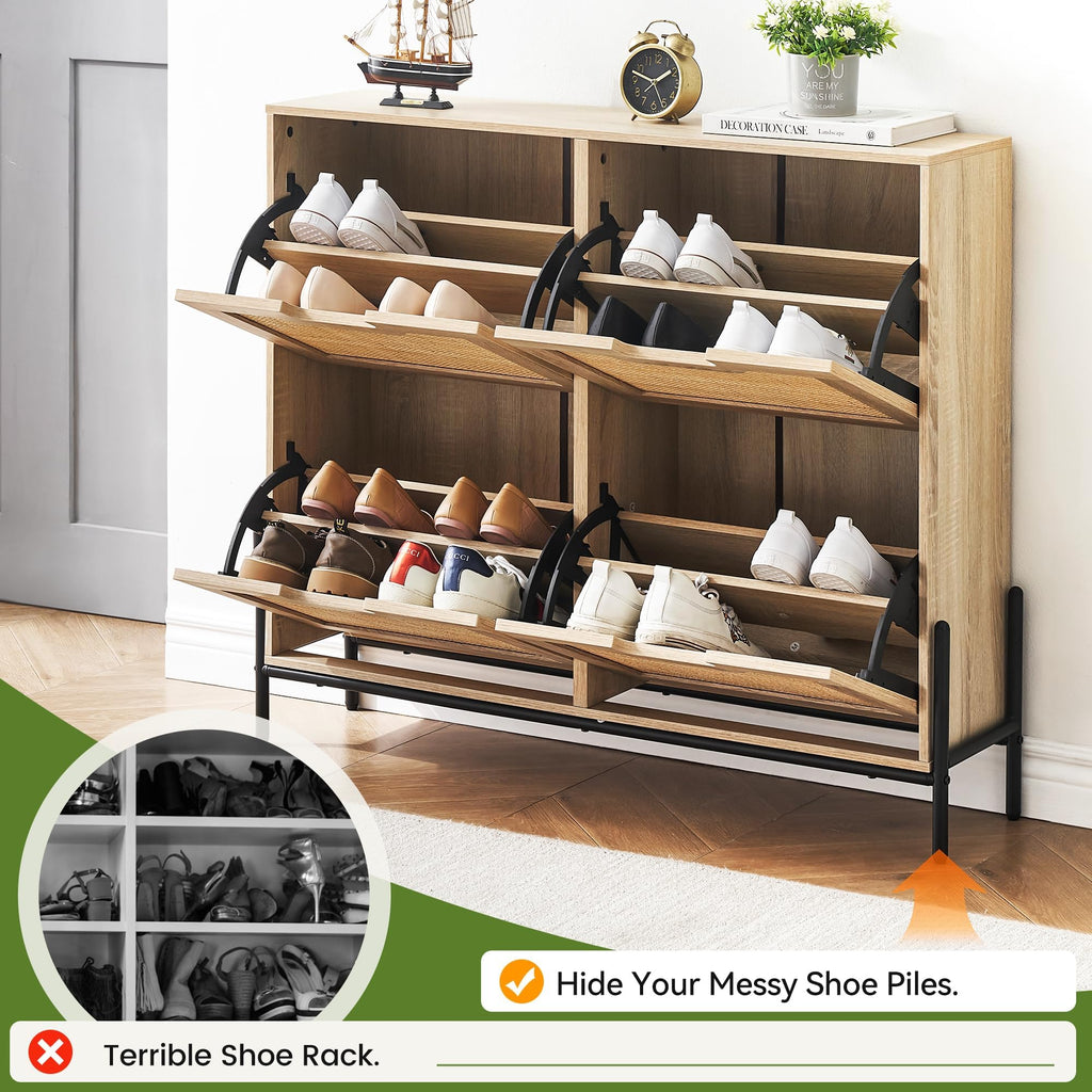 Rattan Shoe Storage Cabinet with 4 Flip Drawers, Freestanding Shoe Organizer with Adjustable Shelves, Narrow Shoe