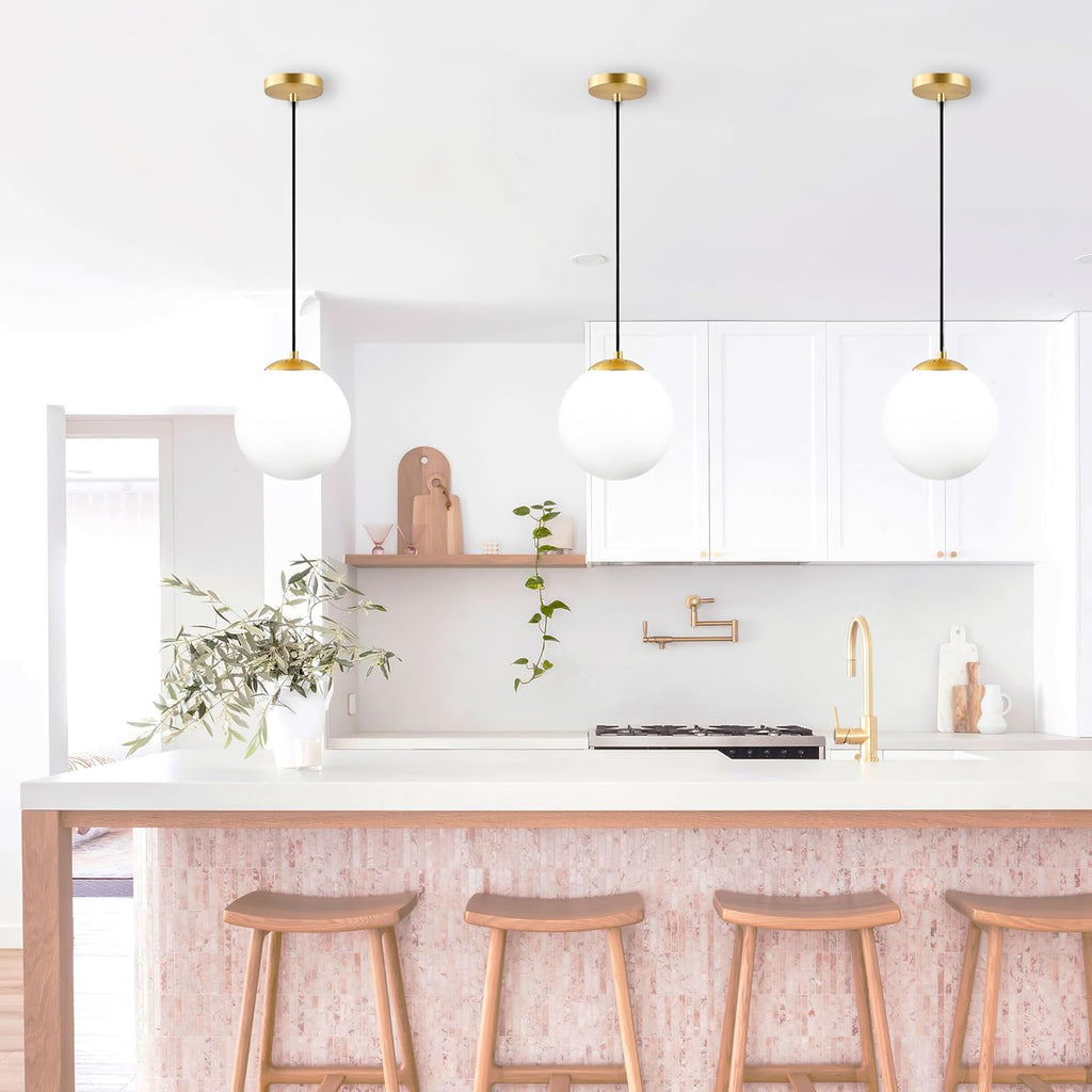8 Inch Gold Modern Globe Pendant Light White Glass with Brass Finish Contemporary Mid Century Adjustable Hanging
