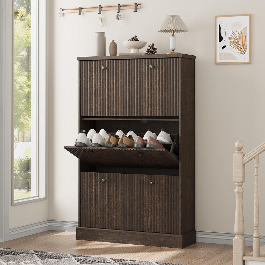 Fluted Shoe Cabinet Storage with 3 Flip Drawers, Wooden Fluted Narrow Shoe Organizer with Adjustable and Removable