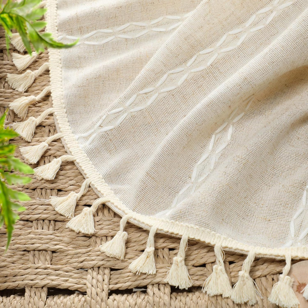 Boho Light Filtering Curtains 63 Inches Long Beige Linen Blend 2 Panels with Tassels and Cotton Embroidery, Farmhouse