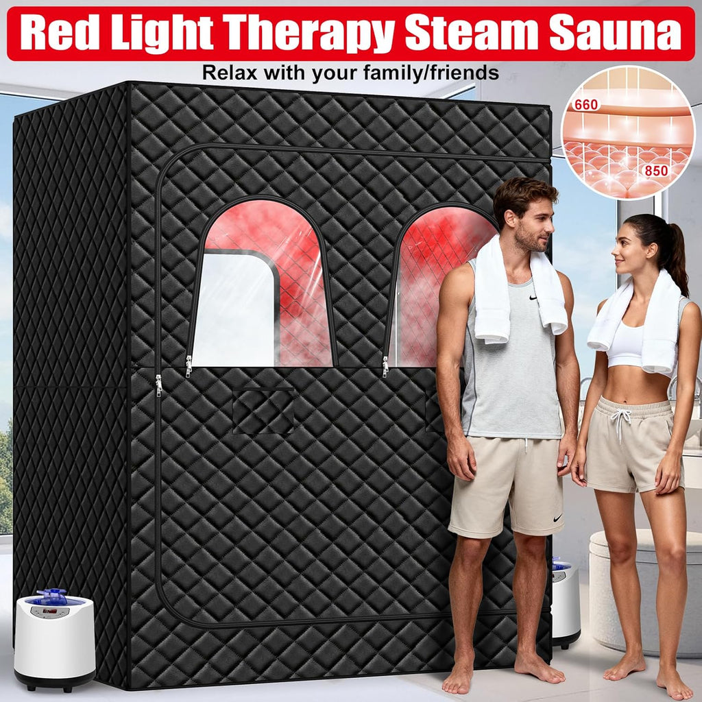 2 Person Infrared Sauna Box for Home, Portable Steam Sauna Room with 660nm＆850nm Red Light Therapy Lamp