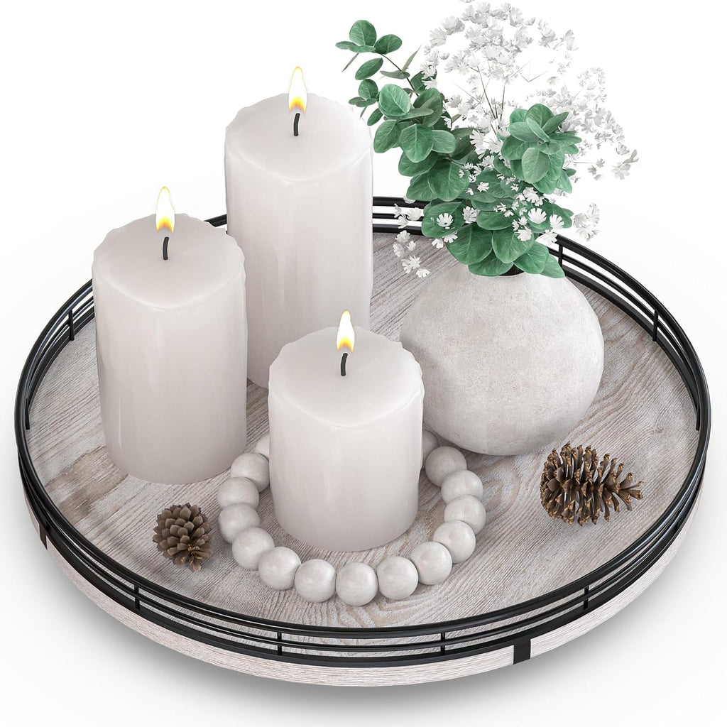 12" Farmhouse Lazy Susan & Coffee Table Decor - Rustic Whitewashed Wood Tray with Black Metal Frame, Decorative