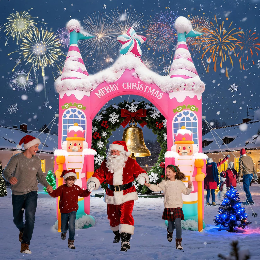 12 FT Giant Christmas Archway Inflatables Nutcracker with LED Lights, Pink Xmas Arch Inflatable Stereoscopic Blow up