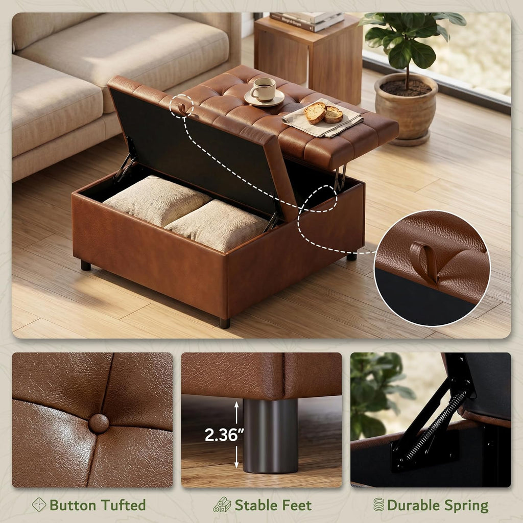 Brown Leather 36 Inch Extra Large Lift Top Living Room Storage Ottoman | Tufted Upholstered Shoe Storage Entry Bench