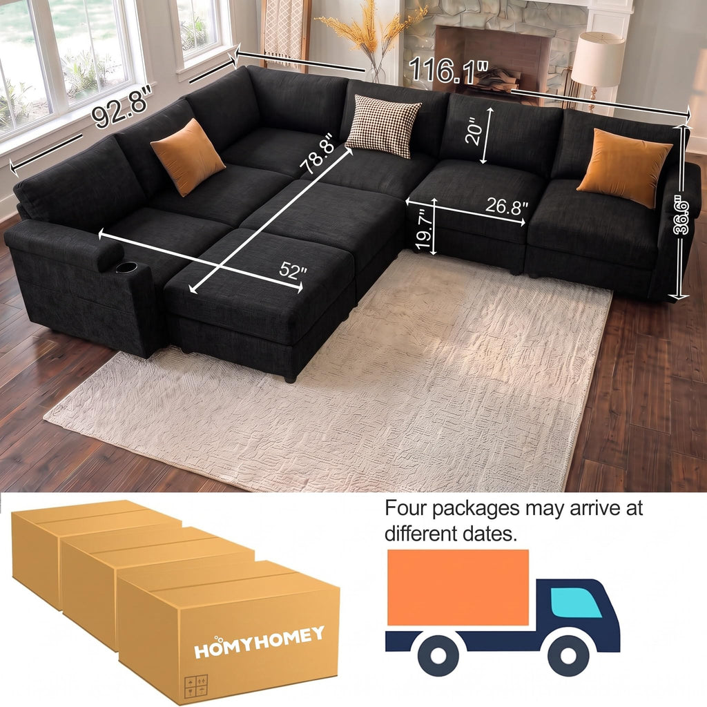 Sectional couches, Oversized Modular Cloud U Shaped Couch, FSC Certified Chenille, Removable Chaise Sofa (Black, L