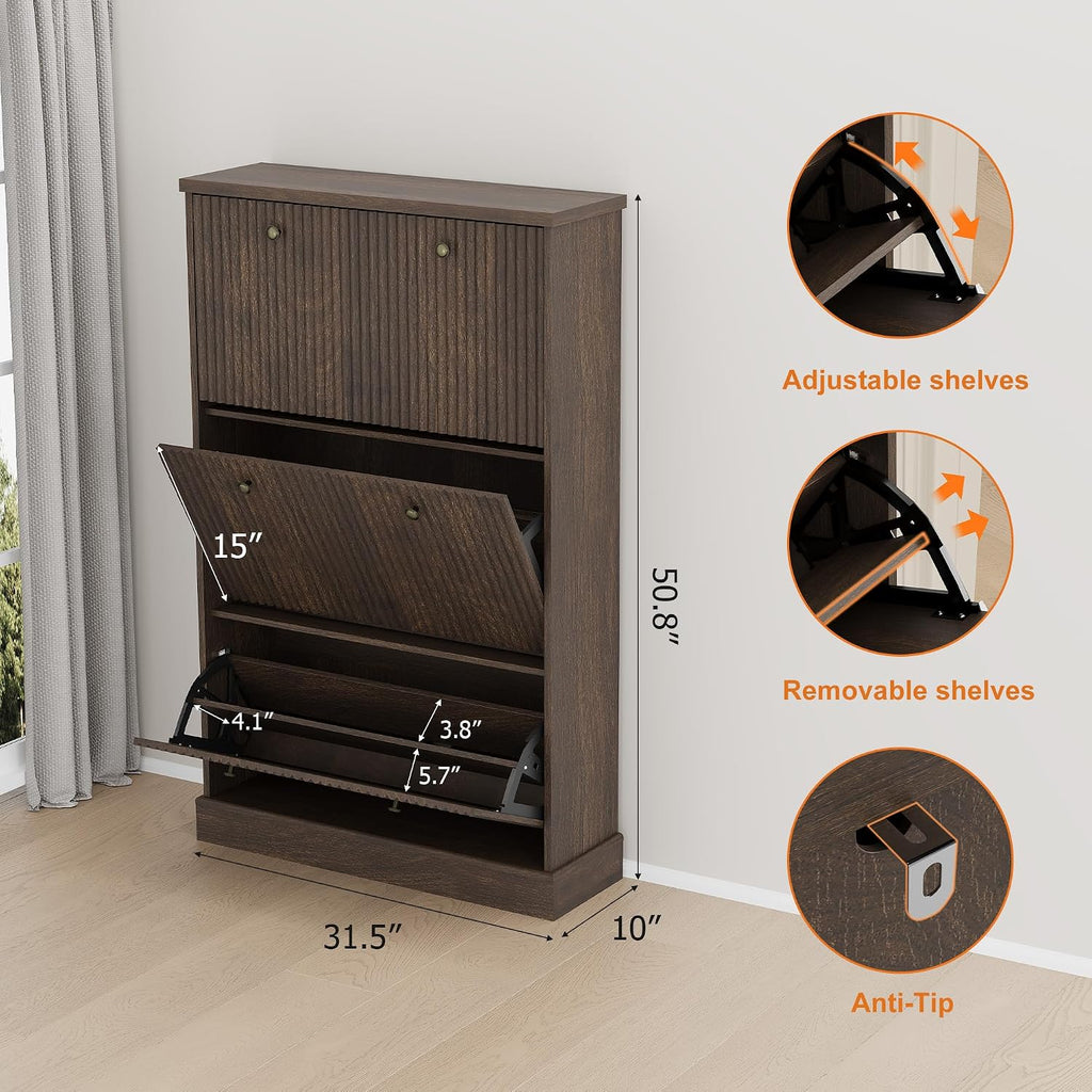 Fluted Shoe Cabinet Storage with 3 Flip Drawers, Wooden Fluted Narrow Shoe Organizer with Adjustable and Removable