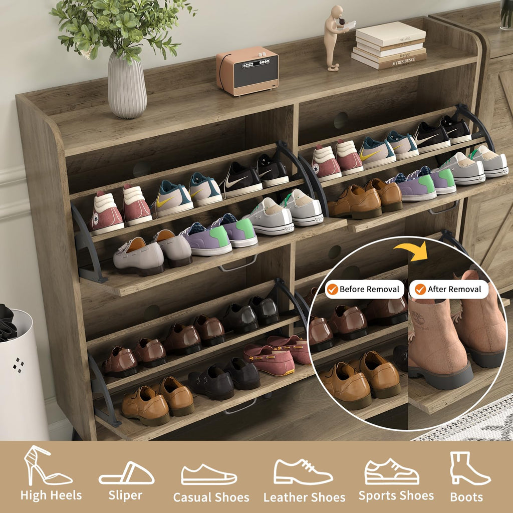 Farmhouse Shoe Cabinet Storage with 4 Flip Drawers, Rustic Oak丨Shoe Cabinet Slim, Freestanding Shoe Cabinet