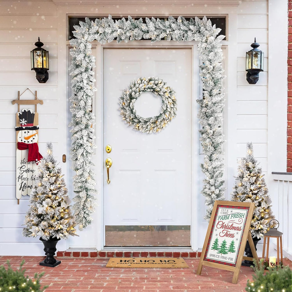2PCS 9ft Christmas Garlands with Lights, Prelit Snow Flocked Christmas Garlands for Mantle, Fireplace, Windows, Front