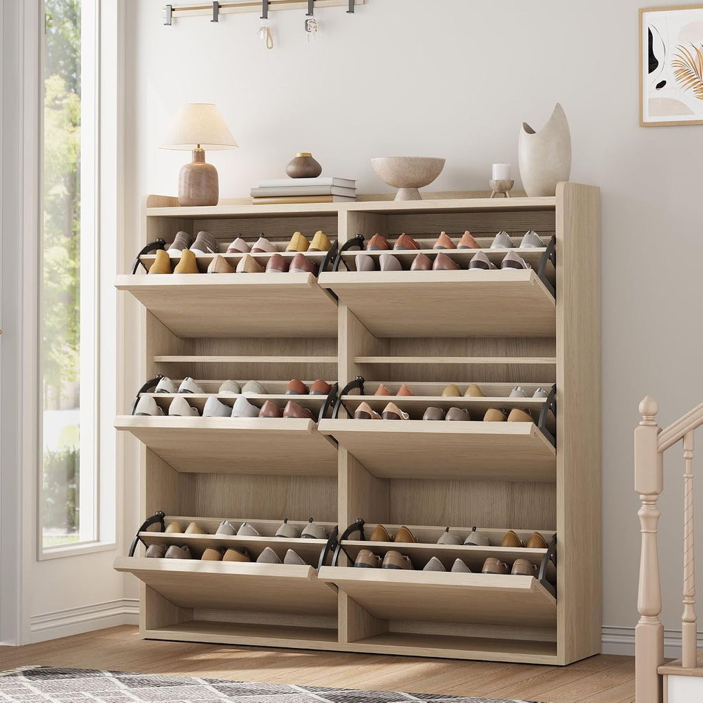 Shoe Cabinet, 6 Flip Drawers, Narrow Freestanding Shoe Organizer with Adjustable and Removable Shelves, Modern Wooden