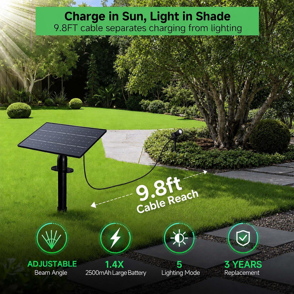 Outdoor Solar Spotlight, Adjustable Angle Landscape Spotlight Waterproof, 2500mAh All Night Separate Panel LED