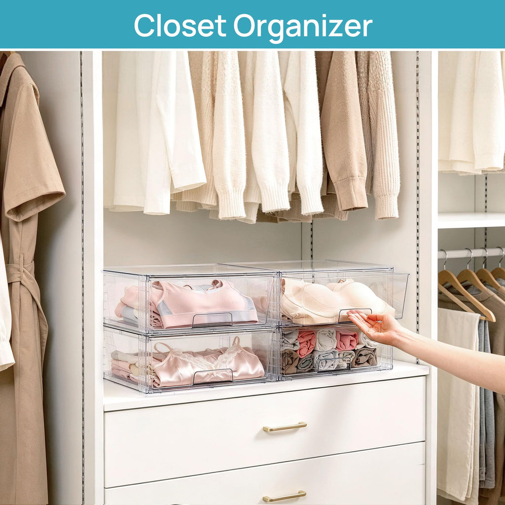 8 Pack Large Clear Stackable Storage Drawers for Closet, Pantry
