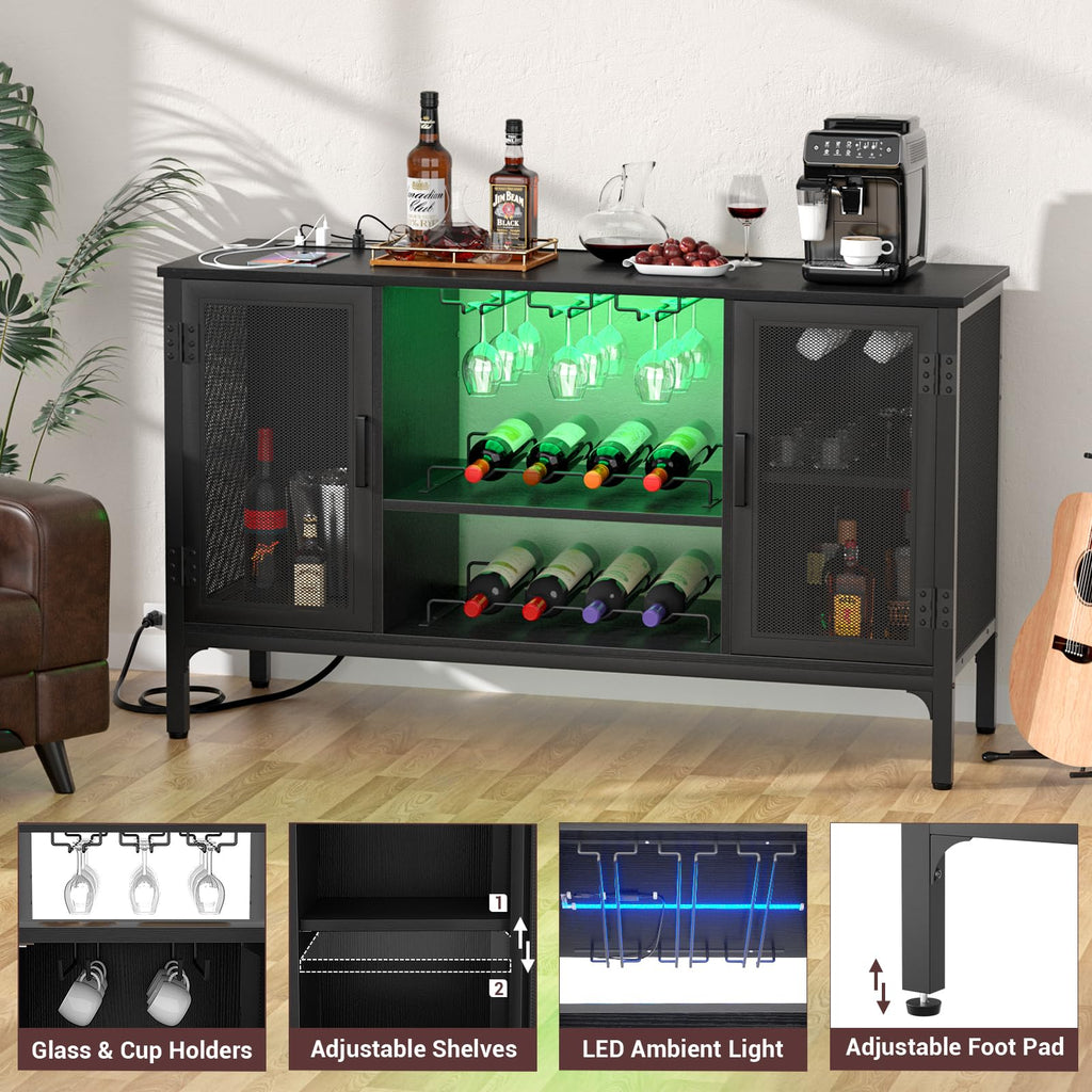 Wine Bar Cabinet with Power Outlets & LED Lights, Black