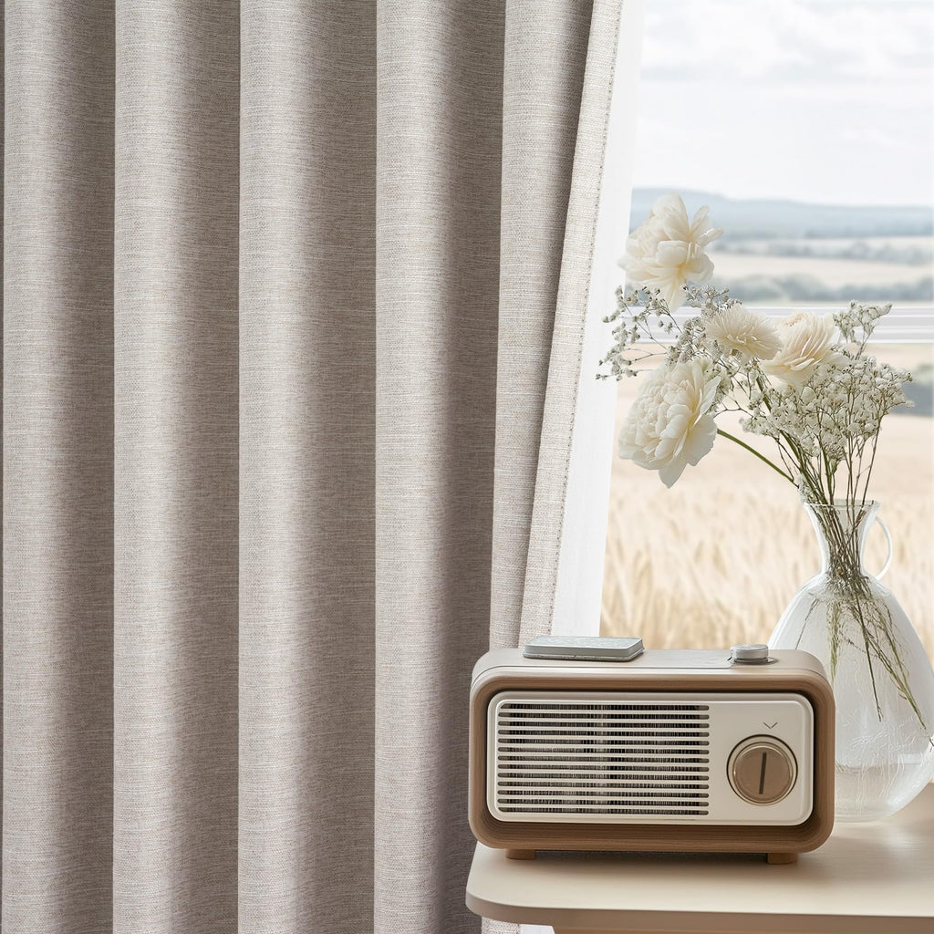 105 Inches Long Blackout Natural Linen Curtains, Rustic Brown Pinch Pleat Sound Blocking Curtains, Neutral Farmhouse