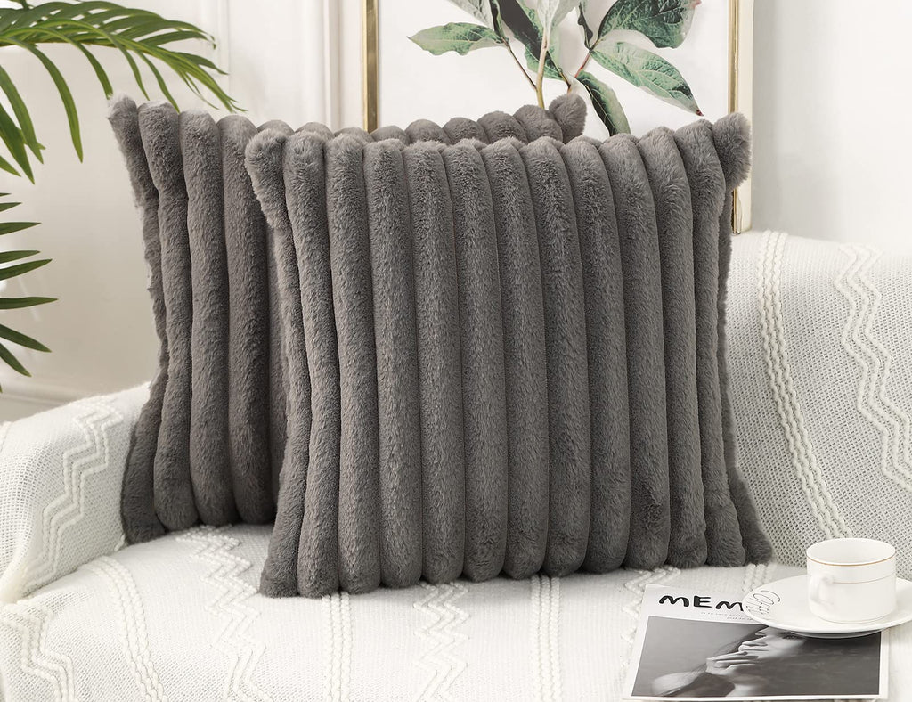 Set of 2 Faux Fur Decorative Throw Pillow Covers 18 x 18 Grey, Luxury Plush Modern Accent Funky Boho Pillow Covers