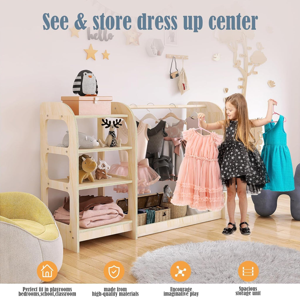 Kids Dress Up Storage with Mirror, Wooden Kids Dress Up Rack for Little Girls and Boys, Kid Wardrobe Closet with