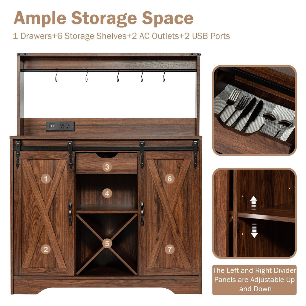 Farmhouse Coffee Bar Cabinet with Charging Station and USB, Brown