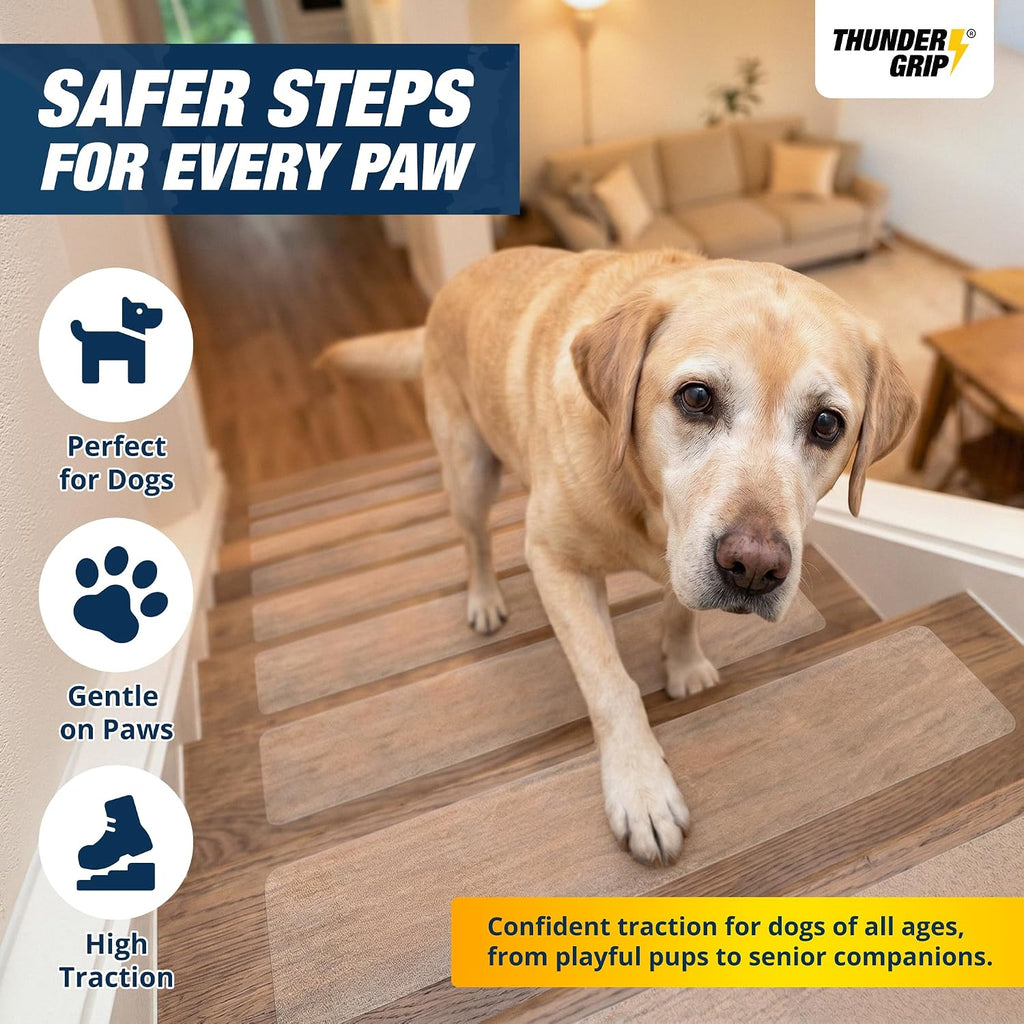 Clear Stair Treads Non-Slip Indoor 24" x 4" 18-Pack - Stair Grips for Wood | Anti Slip Adhesive Strips for Dogs &