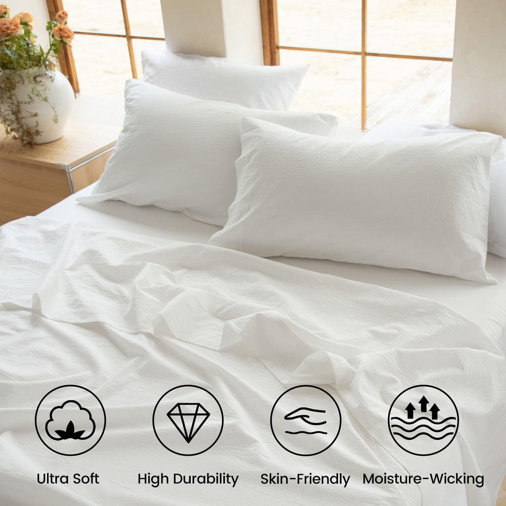 100% Washed Cotton Sheet Set Twin Size 3 Pieces Soft Breathable Durable Chic Bedding Set for All Season - Off White