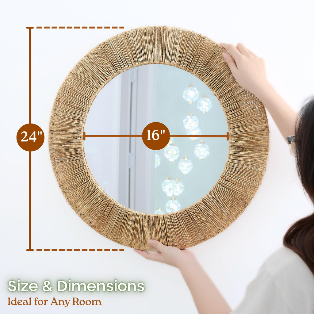 24 inch Natural Jute Round Wall Mirror, Boho Decor Wall Mirror
