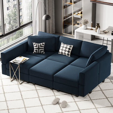Modular Velvet Sectional Sofa with Chaise Lounge Sectional Sleeper Sofa with Storage Chaise Bed Couch Blue