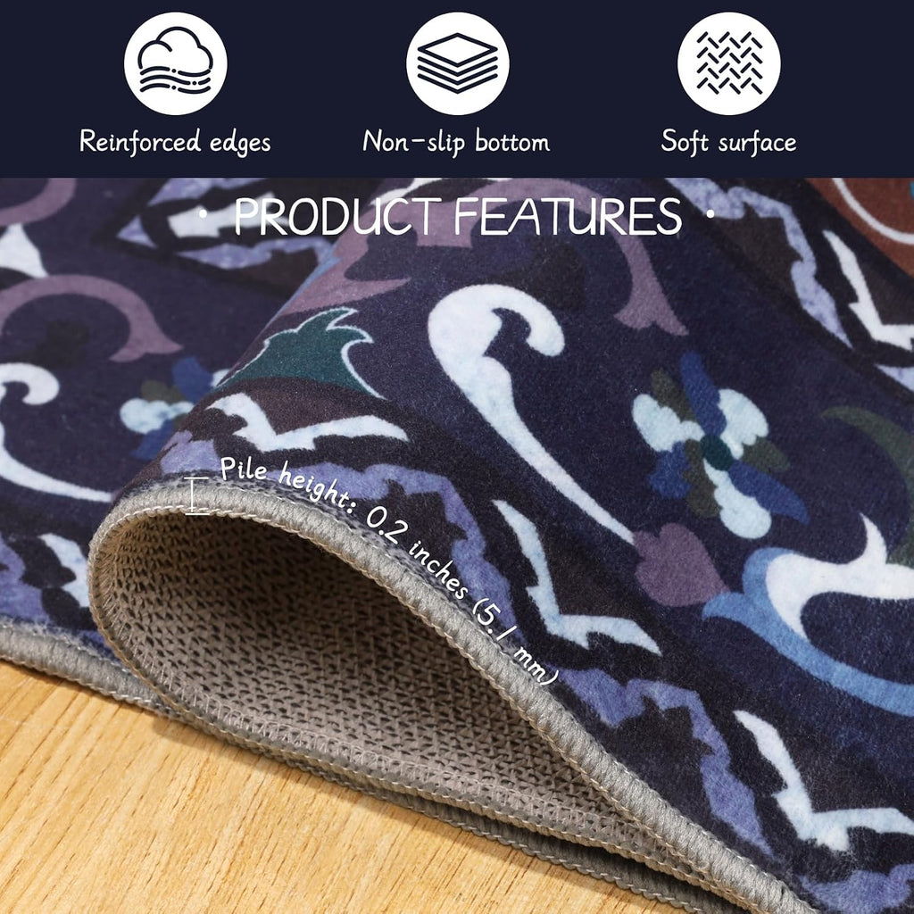 Navy Blue Traditional Medallion Washable Area Rug, Non-Slip