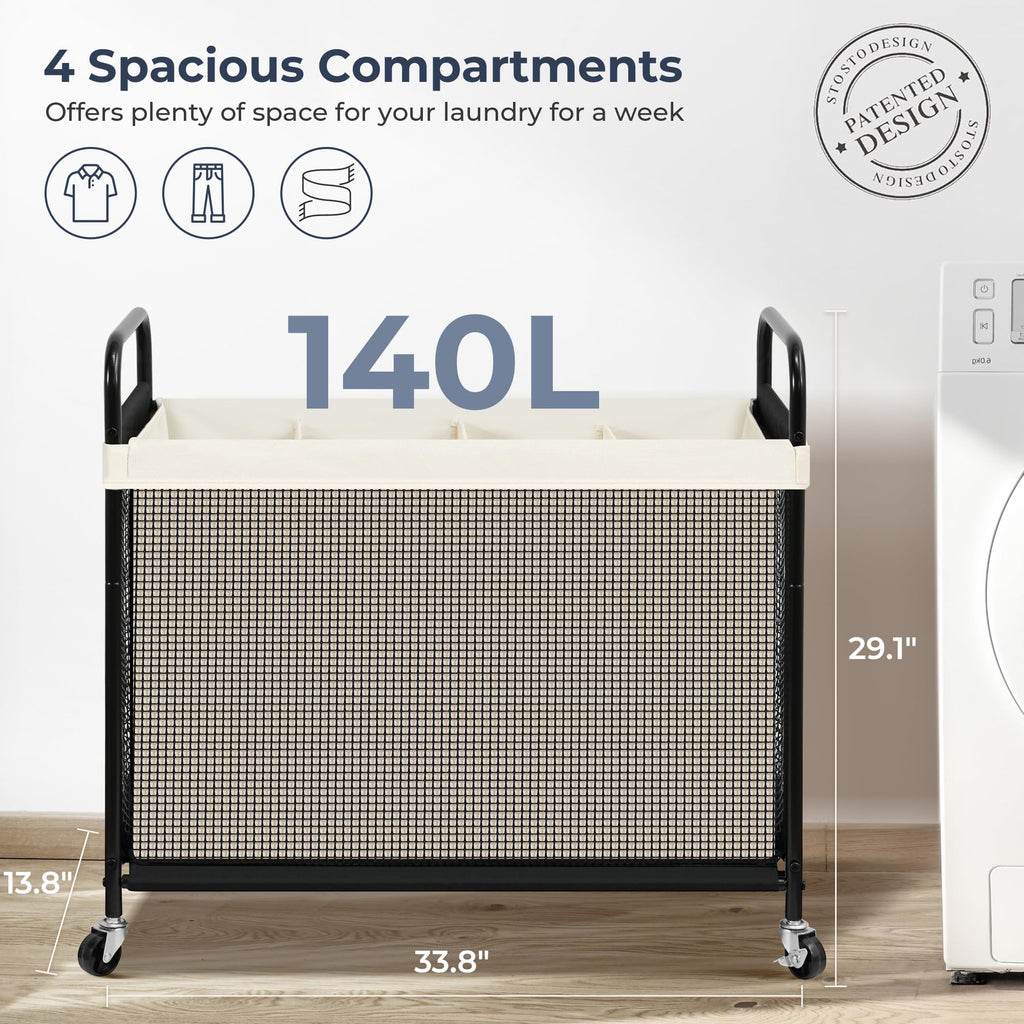 Laundry Hamper 4 Section, 140L Rolling Laundry Sorter Cart with Removable and Washable Liner Bag, Clothes Hamper with