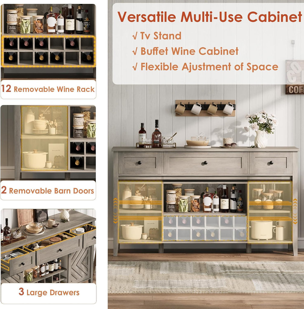 Farmhouse 47.2'' Buffet Cabinet with Sliding Barn Door, 33.4'' Tall Wood Rustic Sideboard with 3 Drawer, Adjustable