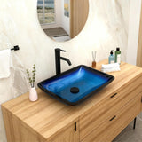 22"×14.25" Vessel Sink, Bathroom Sink Above Counter Amber Blue Gradient Tempered Glass Bowl Square Sink for
