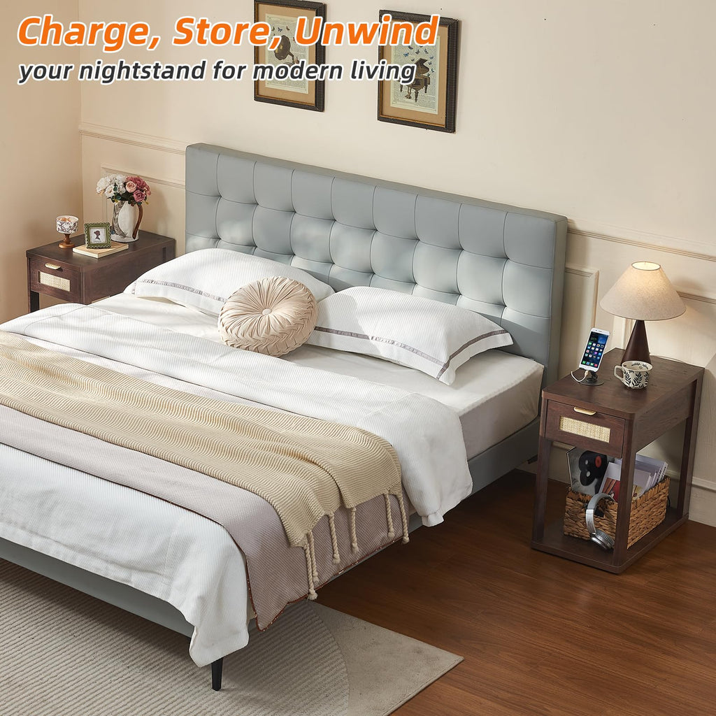 Narrow Side Table Set 2 with Charging Station, Rattan 24 x 14''