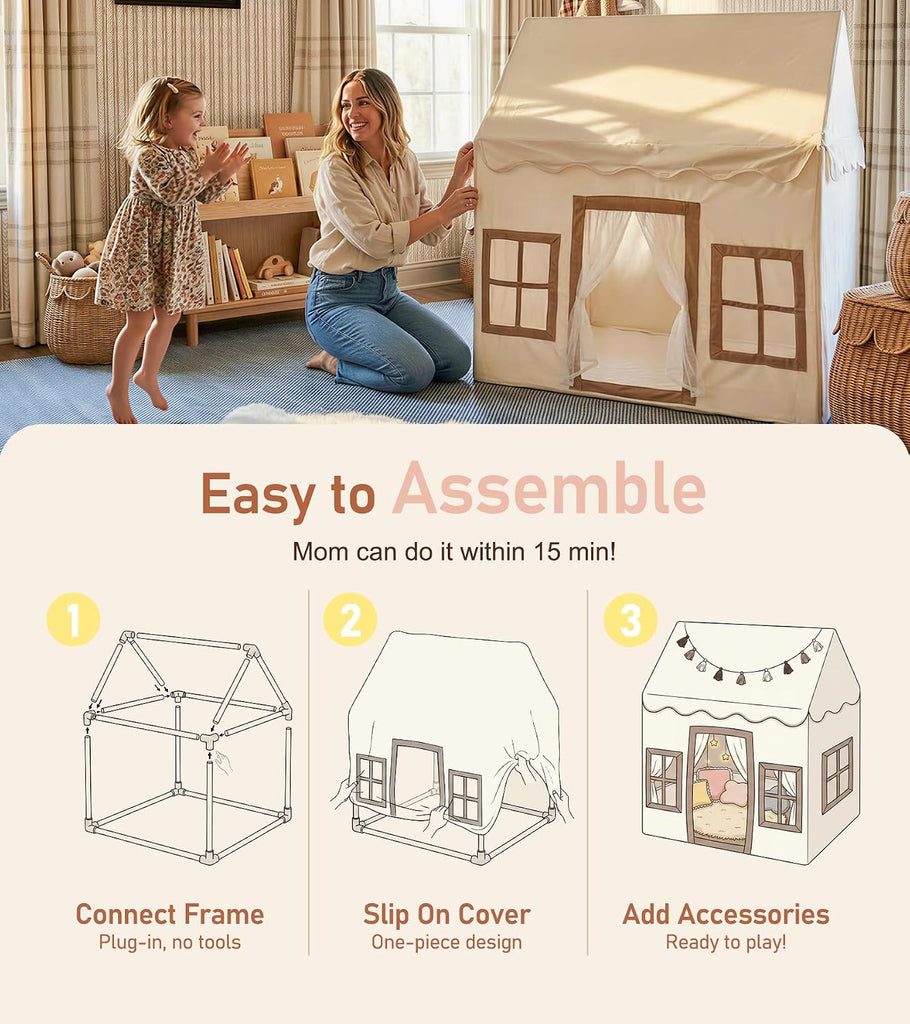 Kids Play Tent with Mat, Kids Playhouse with 2 Windows, Star Lights & Tassel Garland, Indoor Outdoor Reading Nook