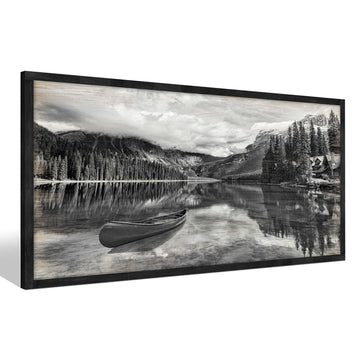 Lake Mountain Framed Wall Art: Black and White Boat Wooden Picture Landscape Painting Forest Prints Large Nature