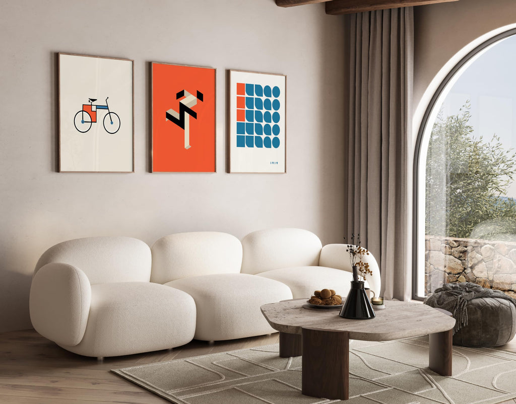 3-Piece Bauhaus Geometric Poster - Retro Minimalist Print - Gift for Artist, Friend - Random Shape, Bicycle, Running