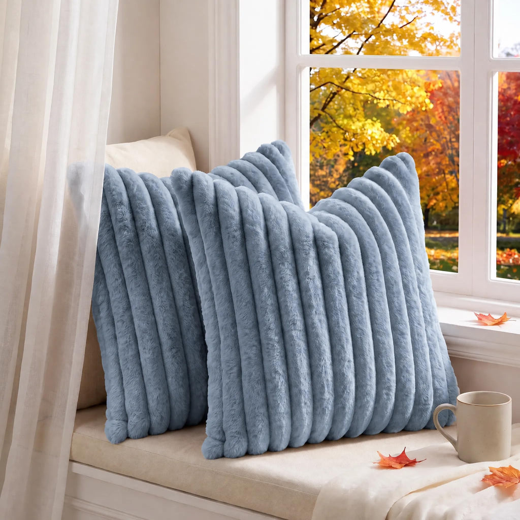 Set of 2 Decorative Throw Pillow Covers 20x20 Fall Faux Fur Light Blue
