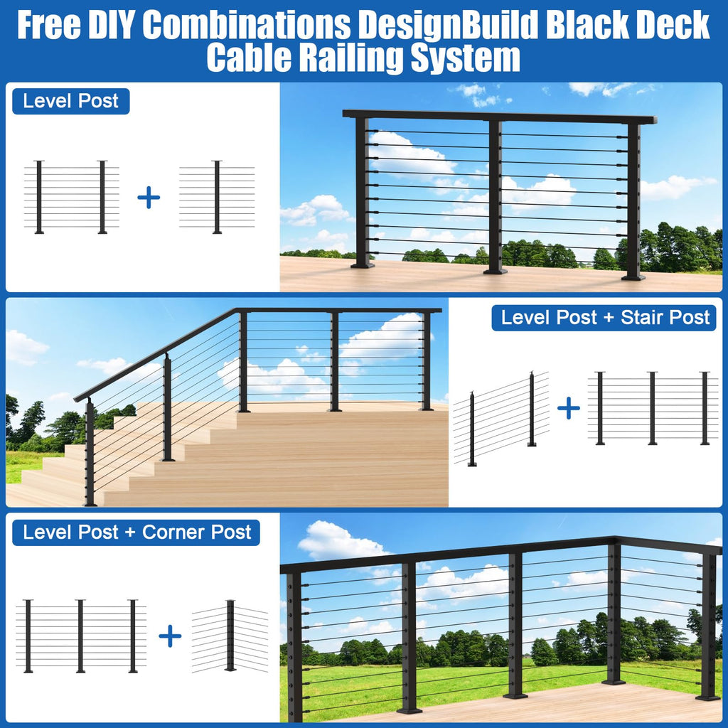 10ft-15ft Complete Set 36" Cable Railing Post Kit, 3Pack Black Level Drilled Line Posts(35"x2"x2"), Swageless Deck