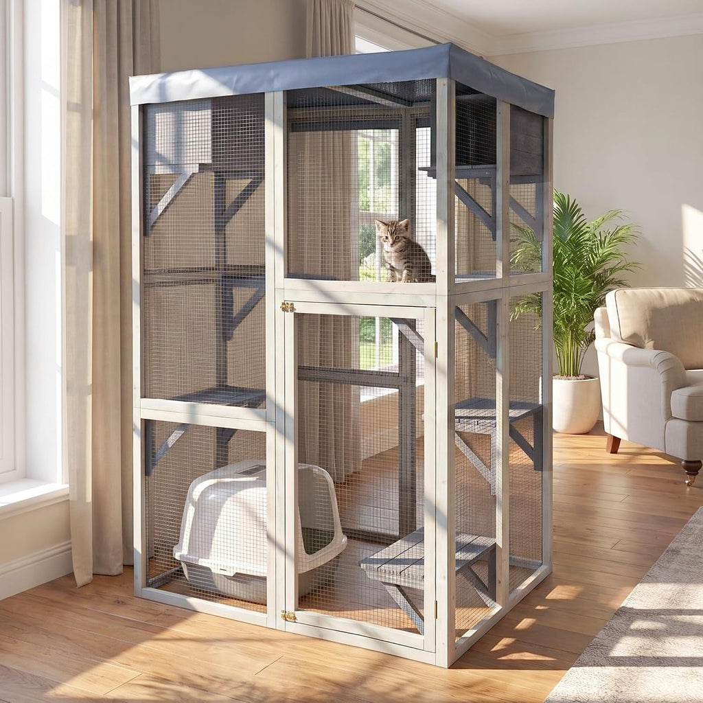 70.5 Inch Wooden Catio, Indoor Outdoor Cat Enclosure with 6 Platforms