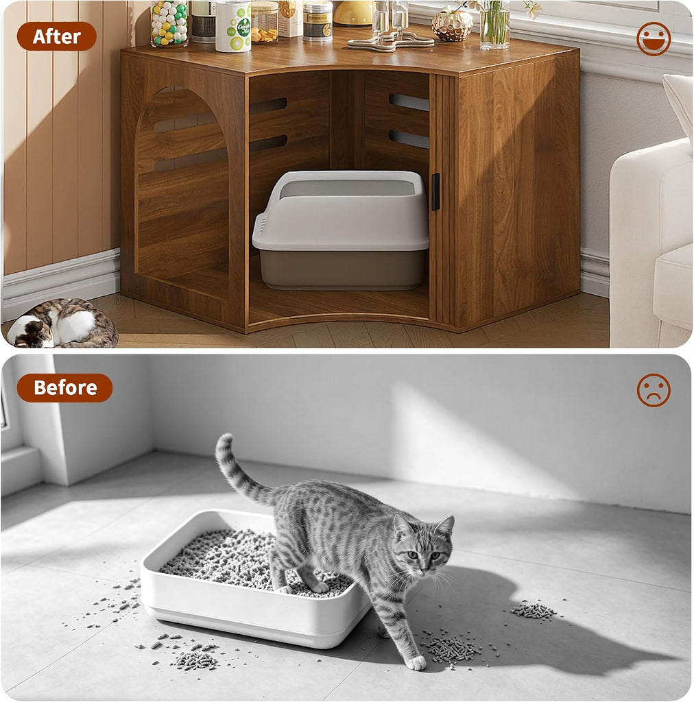 31.38" Corner Cat Litter Box Enclosure Furniture with Sliding Door